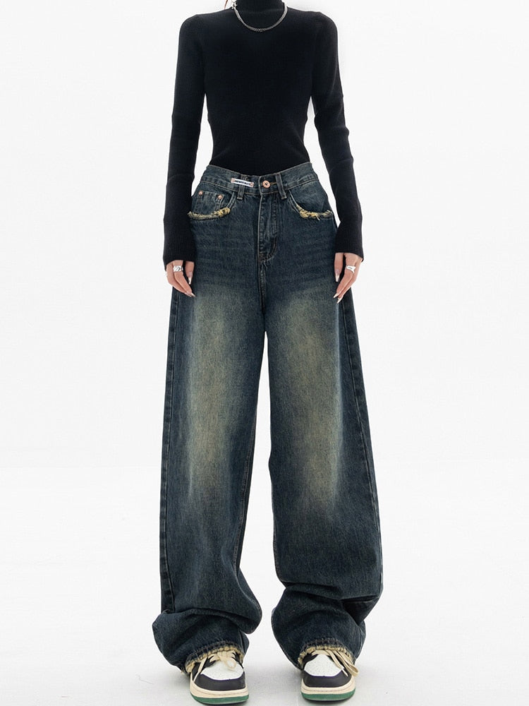 Damen Blaugraue Weite Jeans - Hohe Taille & Lockere Passform
