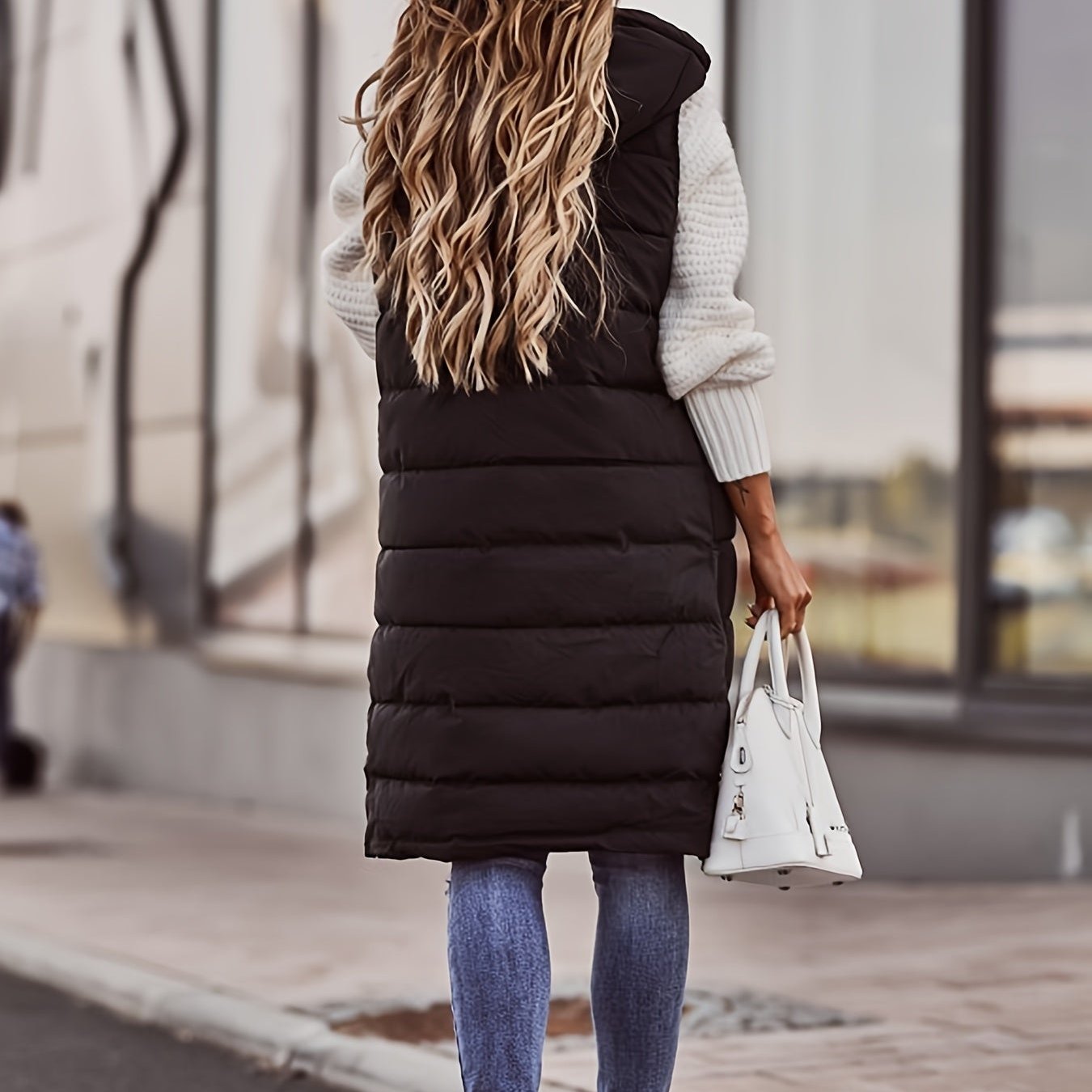 Damen Lange Gepolsterte Steppweste – Kapuze & Ärmellose Gilet