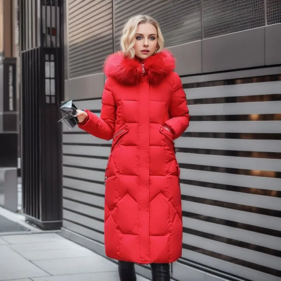 Damen Maxi Steppmantel - Mit Flauschigem Kapuzenbesatz