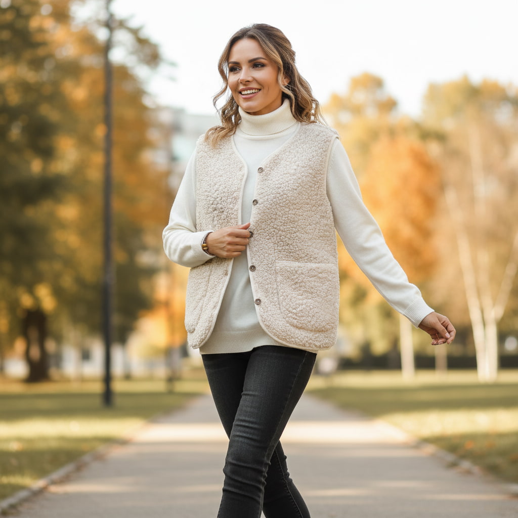 Damen Teddy-Gilet - Weiche Strukturierte Weste mit Knopfleiste