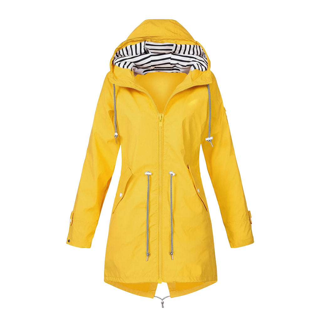 Damen Lange Wasserdichte Jacke - Kapuze mit Kordelzug
