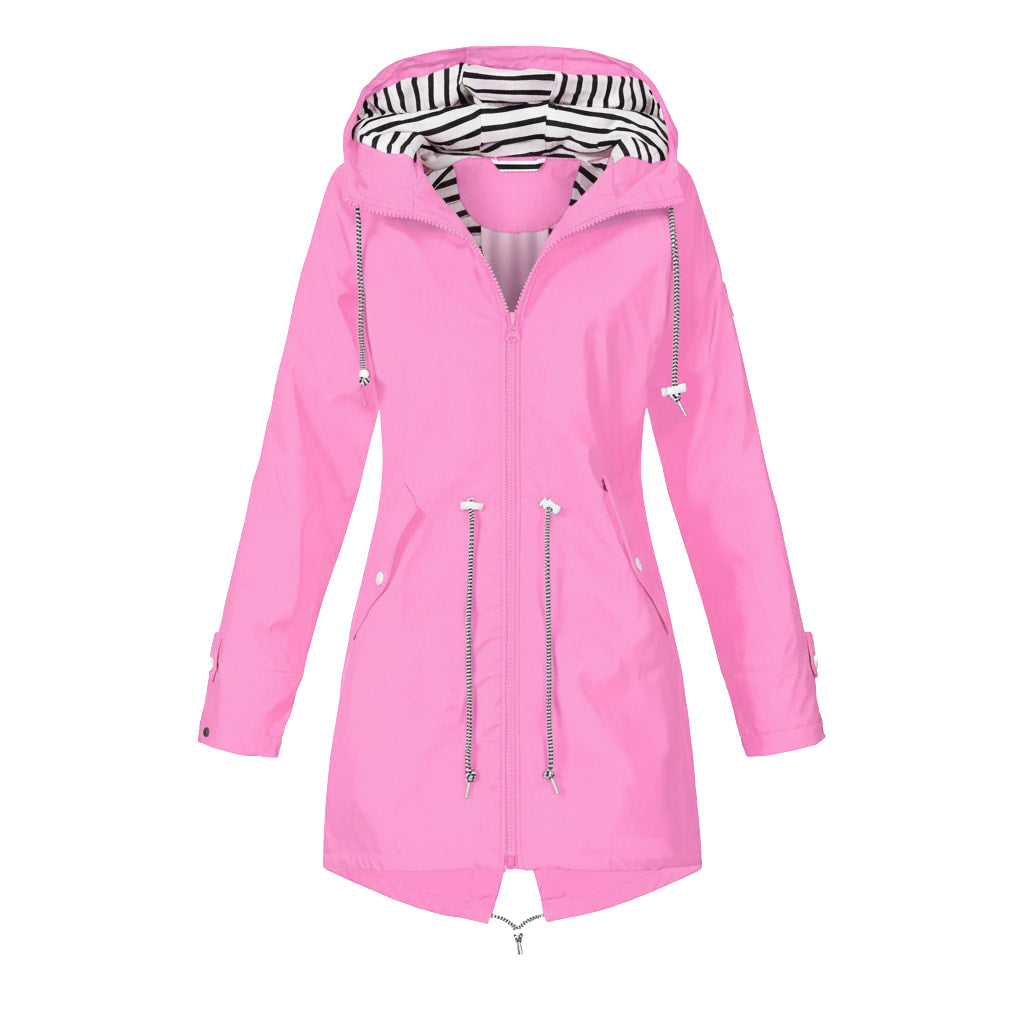 Damen Lange Wasserdichte Jacke - Kapuze mit Kordelzug