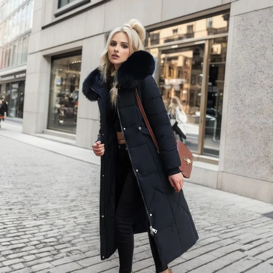 Damen Maxi Steppmantel - Mit Flauschigem Kapuzenbesatz