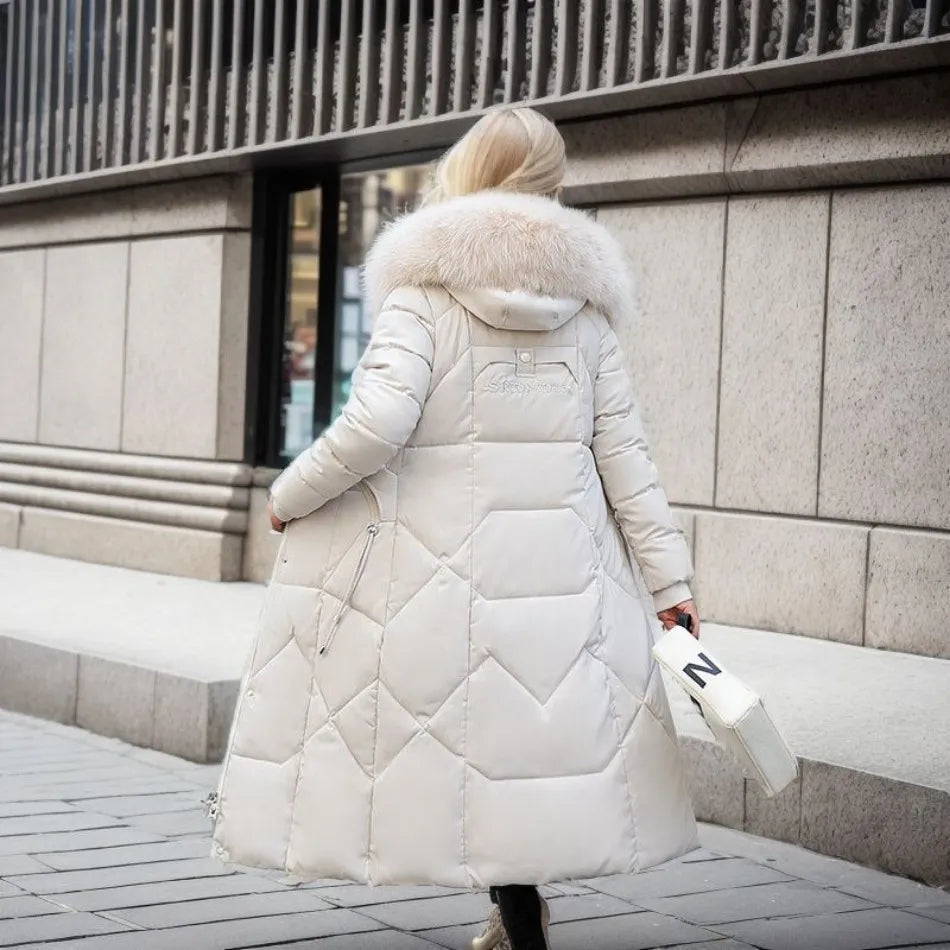 Damen Maxi Steppmantel - Mit Flauschigem Kapuzenbesatz