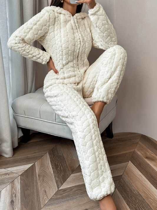 Damen Creme Texturierter Kapuzen-Onesie - Reißverschluss Weiche Loungewear