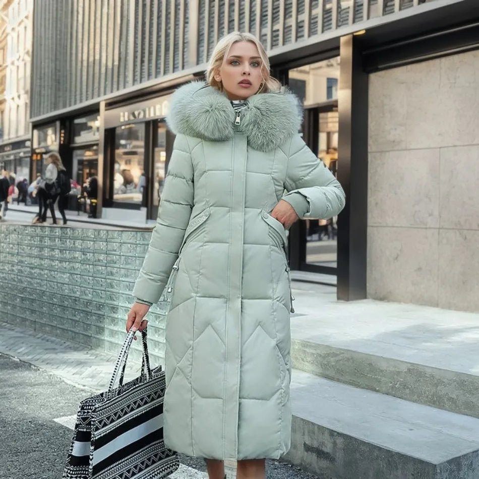 Damen Maxi Steppmantel - Mit Flauschigem Kapuzenbesatz