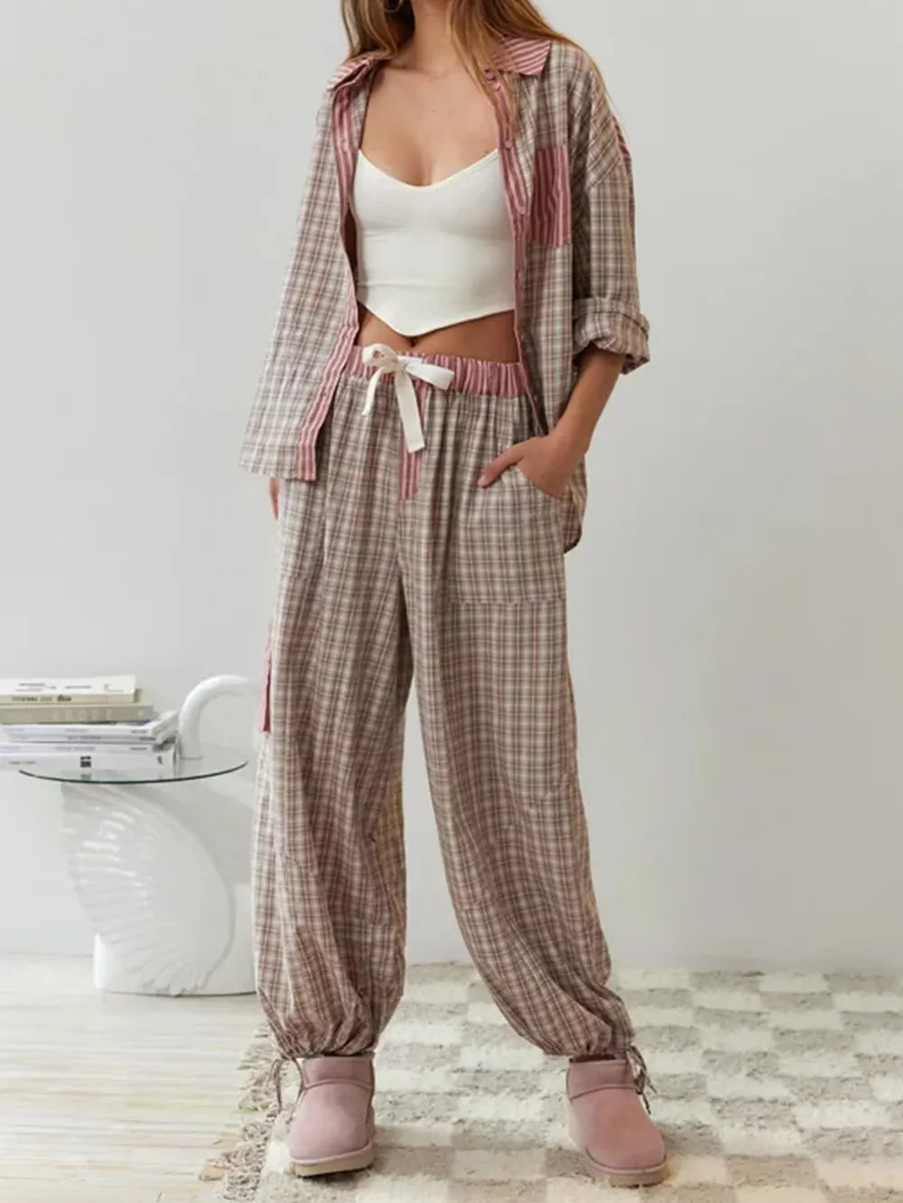 Damen Gestreiftes Pyjama-Set mit Karomuster - Hemd & Hose