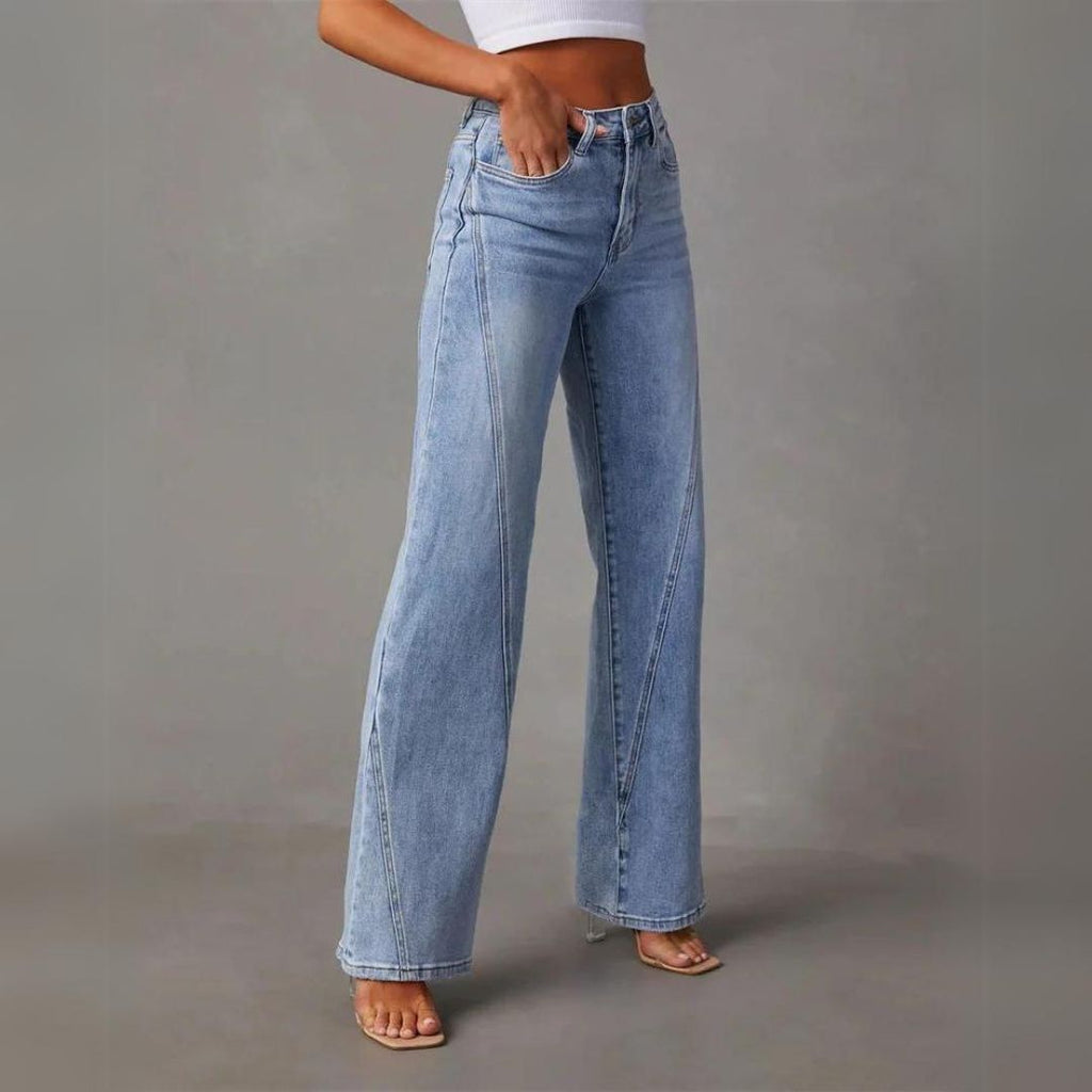 Damen Blaue Weite Jeans - Entspannte Passform mit V-Nähten