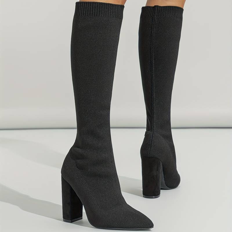Damen Kniehohe Sockenstiefel - Stretch-Strick & Blockabsatz
