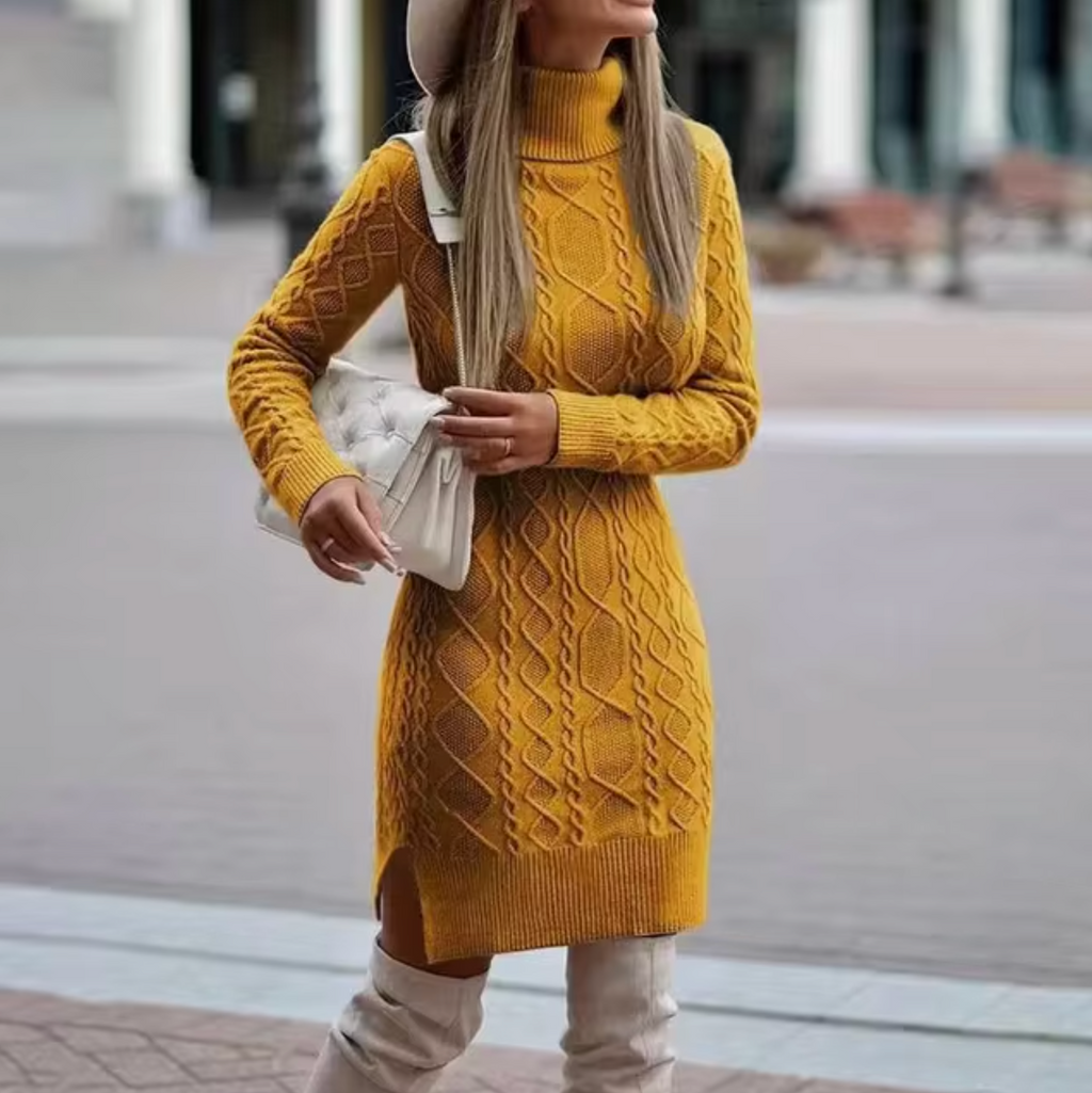 Damen Zopfstrick Pulloverkleid - Langärmelig & Rollkragen
