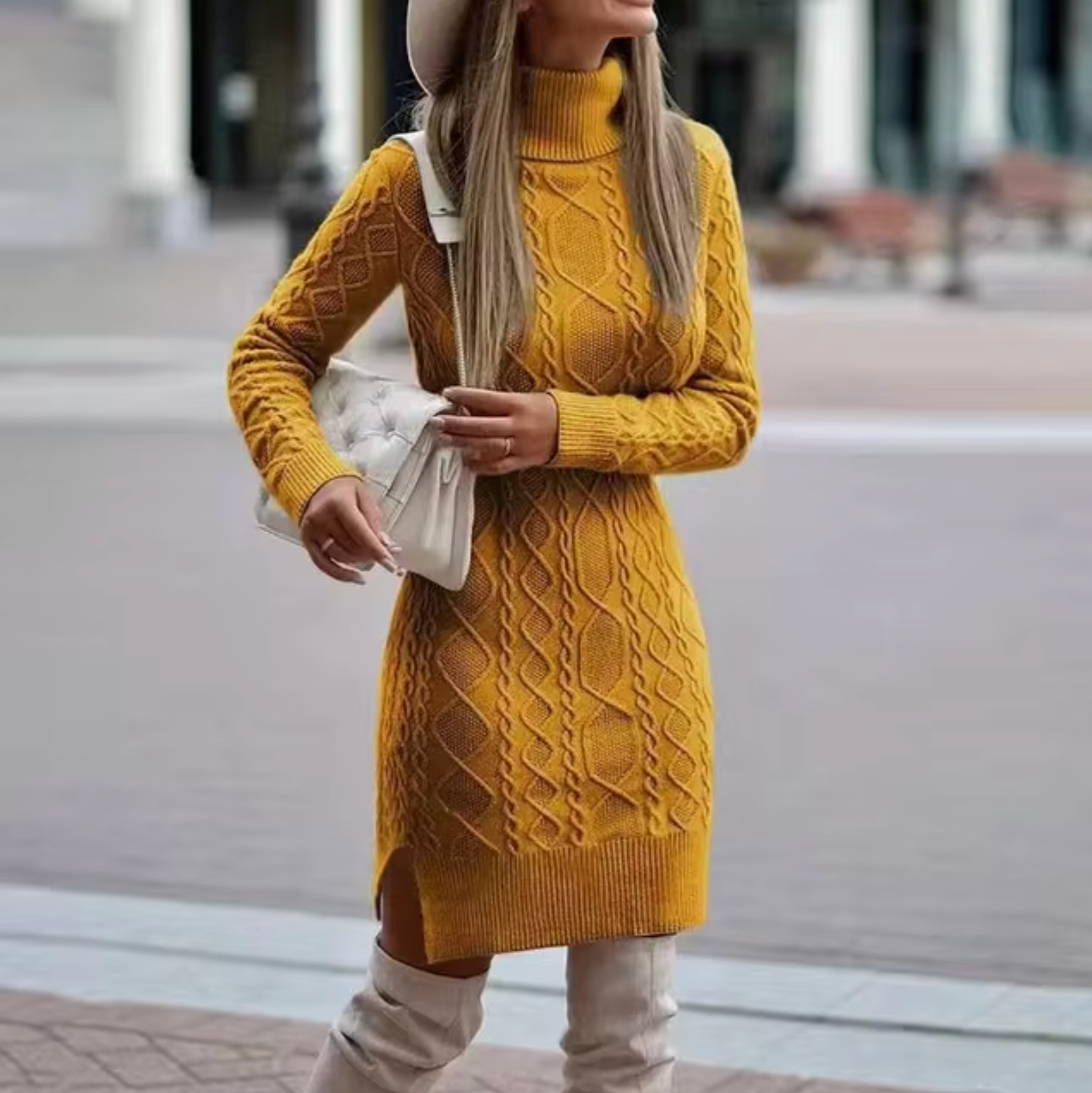 Damen Zopfstrick Pulloverkleid - Langärmelig & Rollkragen