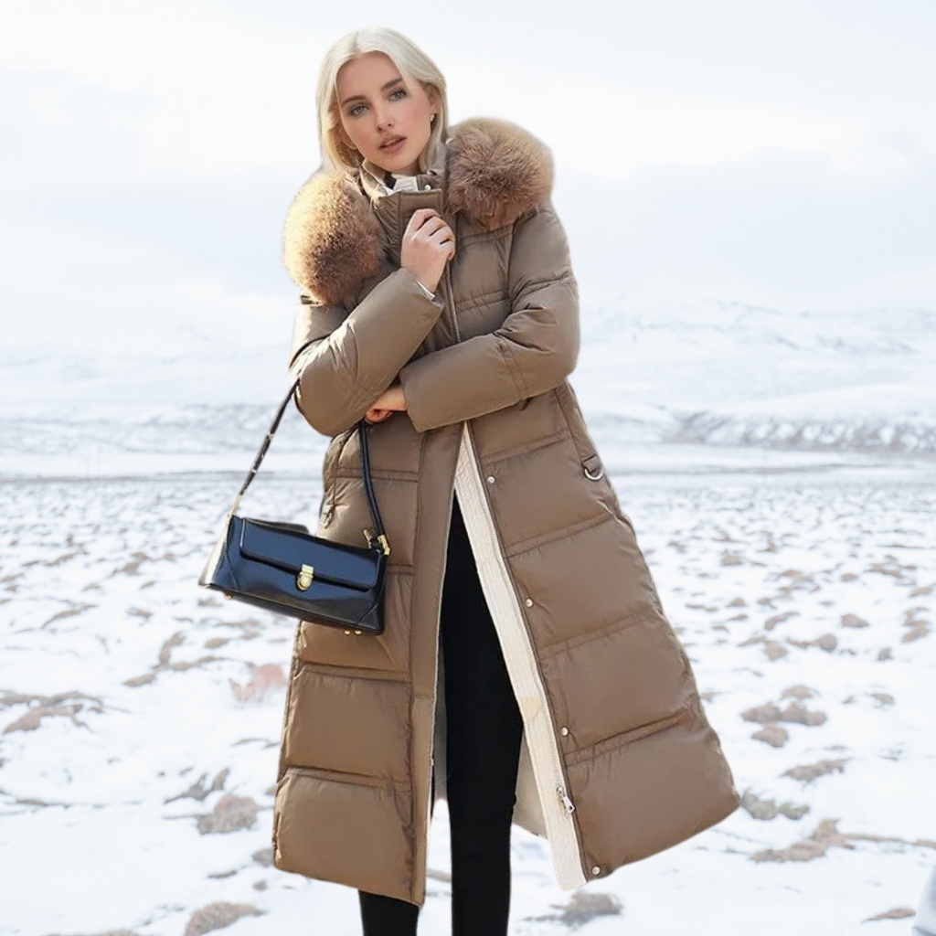 Damen Maxi Steppmantel - Gürtel mit Flauschigem Kragen