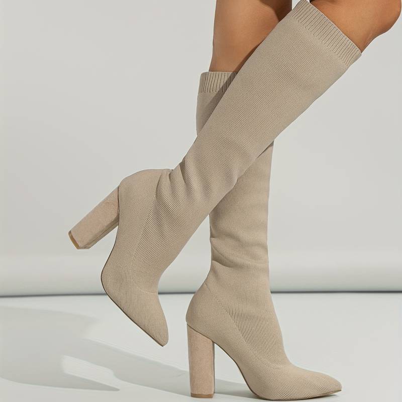 Damen Kniehohe Sockenstiefel - Stretch-Strick & Blockabsatz