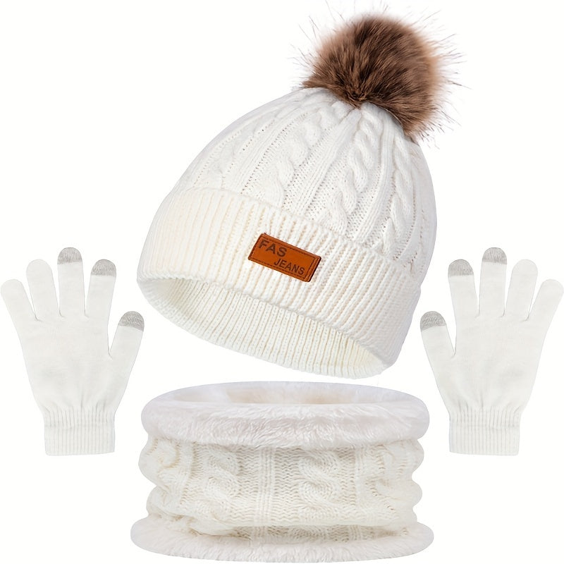 Damen 3-teiliges Winter-Accessoire-Set - Zopfstrick-Mütze, Schal & Handschuhe