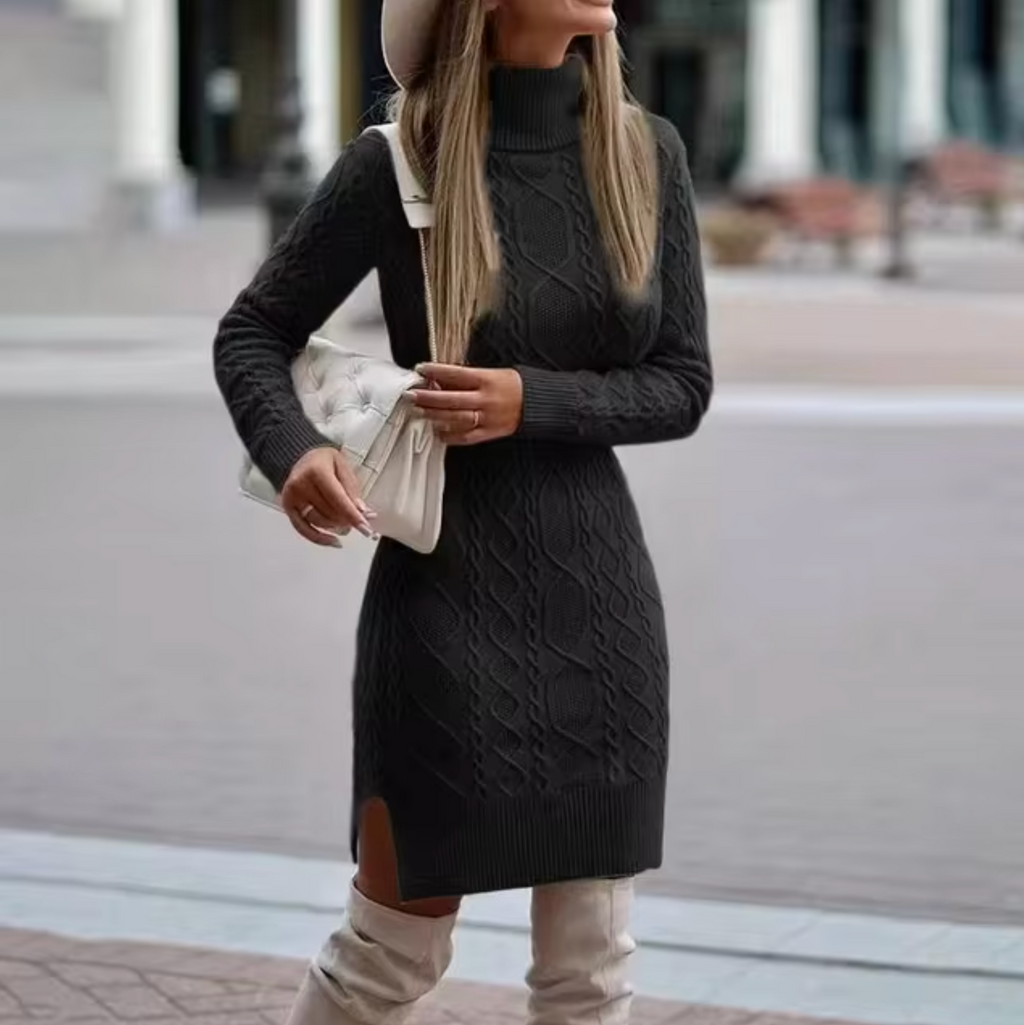 Damen Zopfstrick Pulloverkleid - Langärmelig & Rollkragen