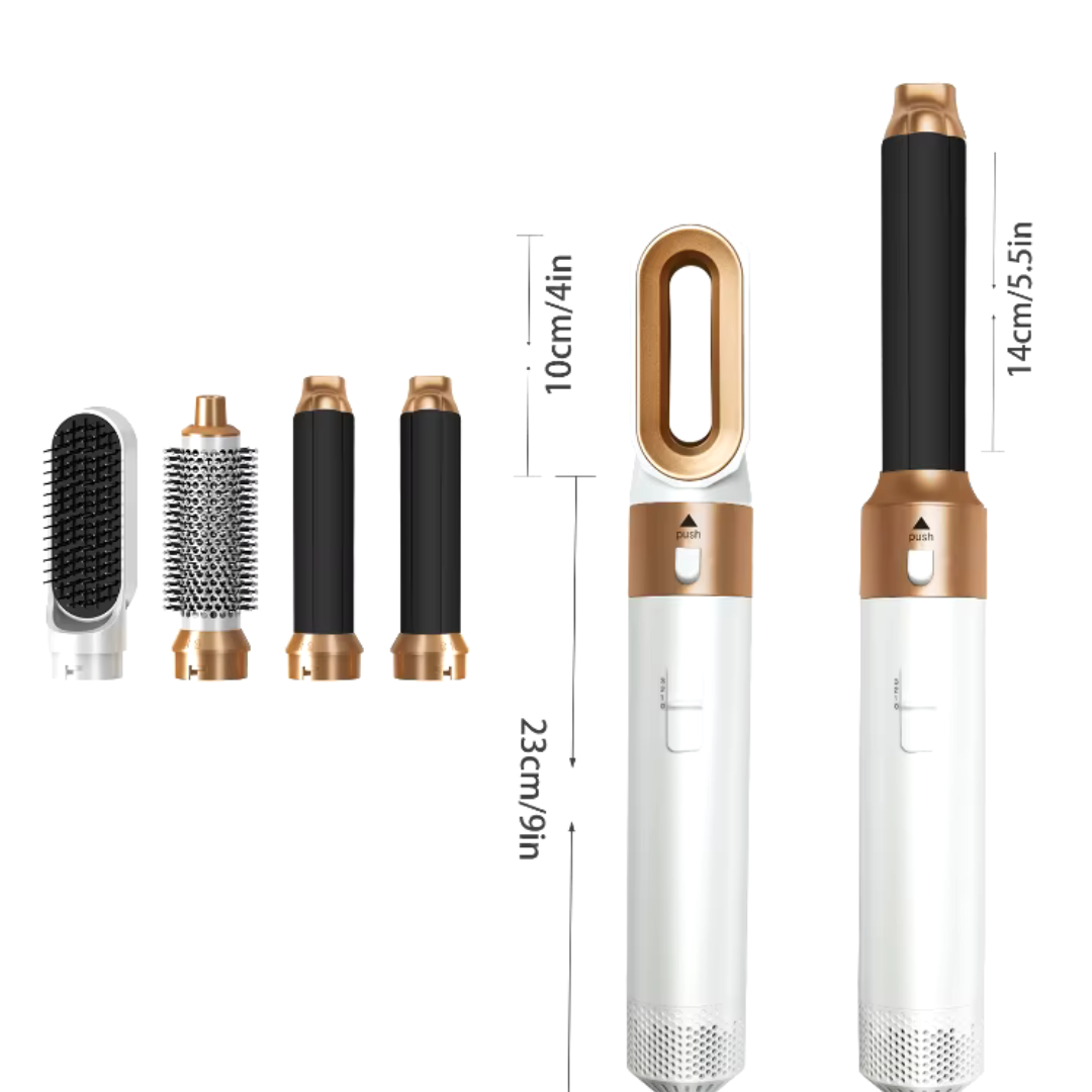 All-in-One Hair Styler size comparison - 5-in-1 styling tool with attachments