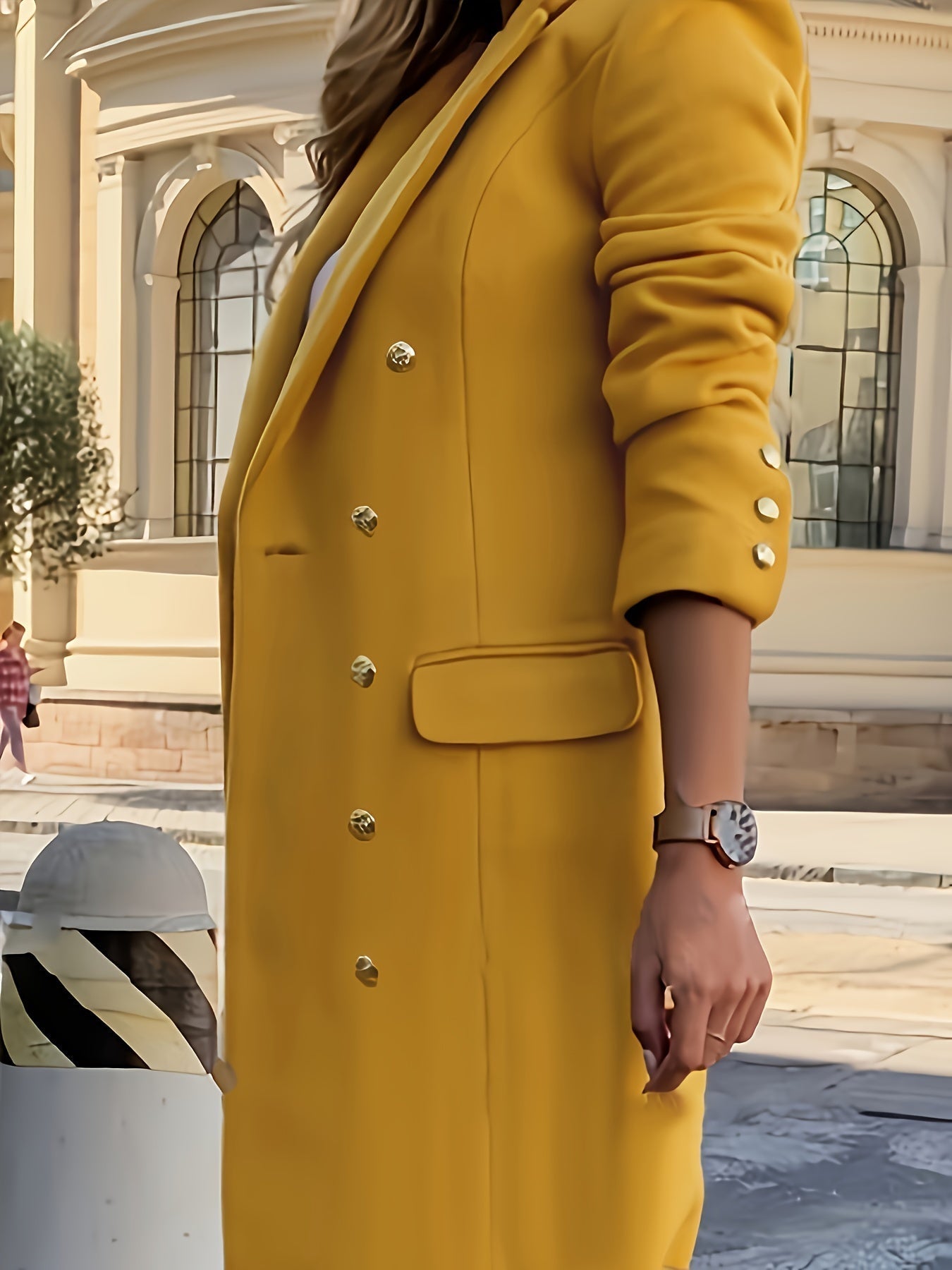Damen Gelber Zweireihiger Mantel – Langer Schnitt mit Reverskragen
