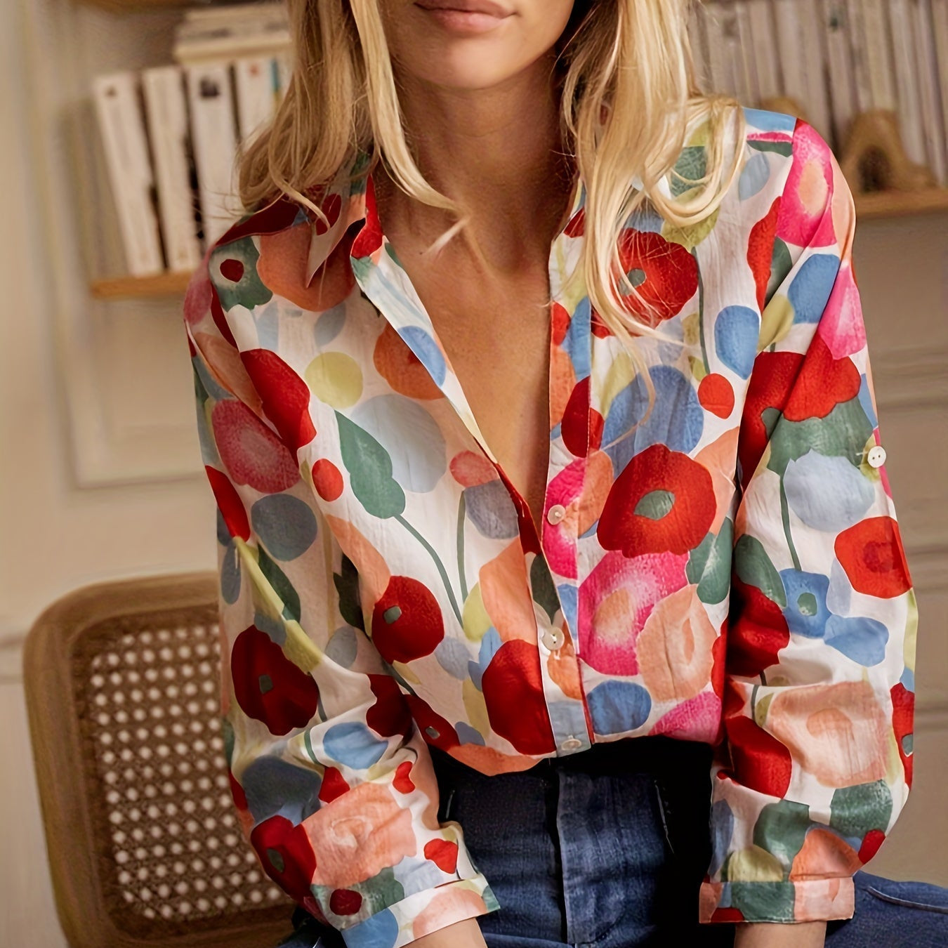 Damen Bluse mit Blumenmuster – Roll-Tab Ärmel & Button-Up Oberteil