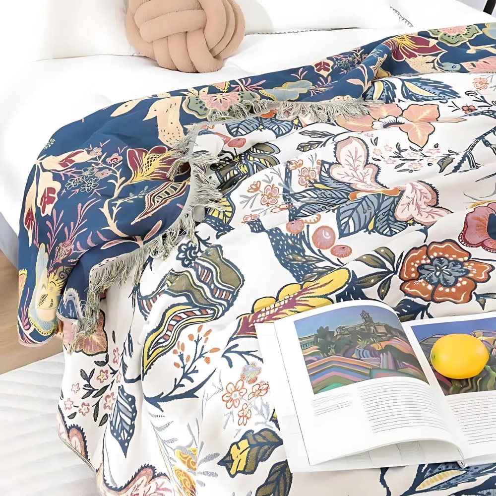 Wendbare Überwurfdecke – Blumenmuster mit Fransen