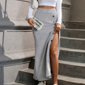 Damen Gerippter Maxi Rock - Seitenschlitz mit Knöpfen