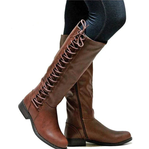 Damen Kniehohe Stiefel - Mit Seitlicher Schnürung und Reißverschluss