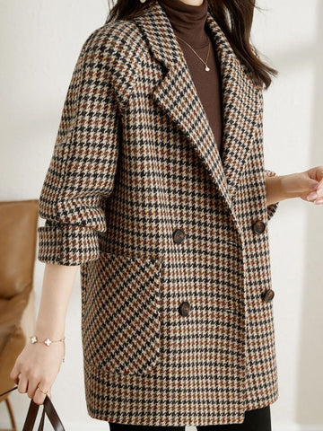 Damen Brauner Karierter Blazer - Taillierte Passform mit Reverskragen