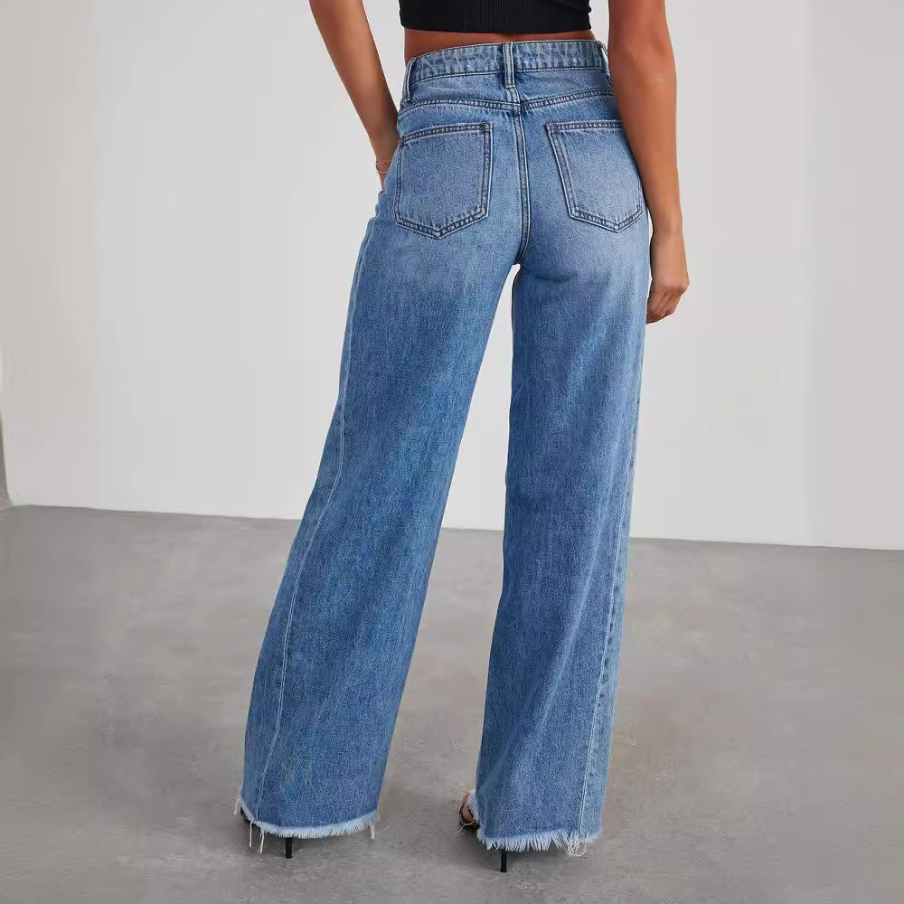 Damen Blaue Weite Jeans - Hohe Taille & Ausgefranster Saum