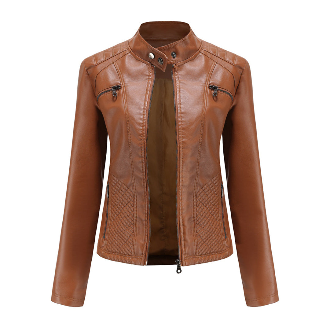 Damen Bikerjacke mit Hohem Kragen - Reißverschluss mit Gesteppten Details