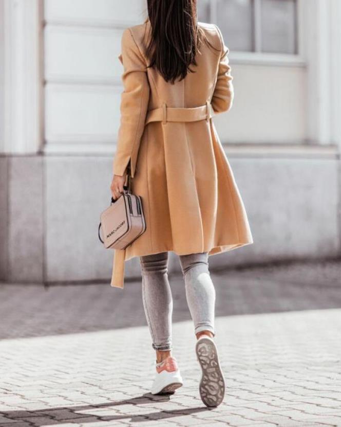 Damen Knielanger Trenchcoat - Bindegürtel mit Breitem Revers