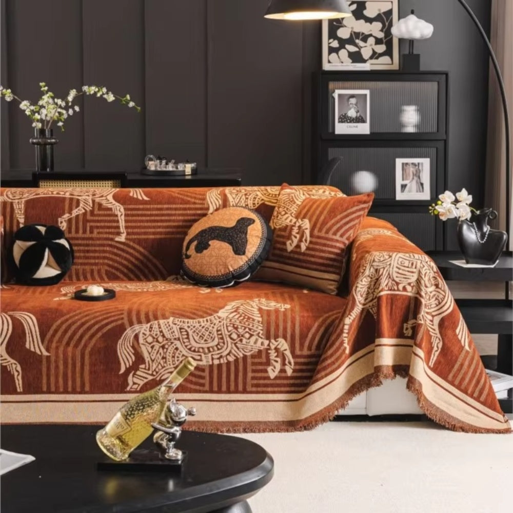 Pferde-Jacquard Decke – Boho-Sofa-Überwurf mit Fransen