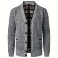 Herren Hellgraue Button-Up Strickjacke - Warmes Plaid-Futter