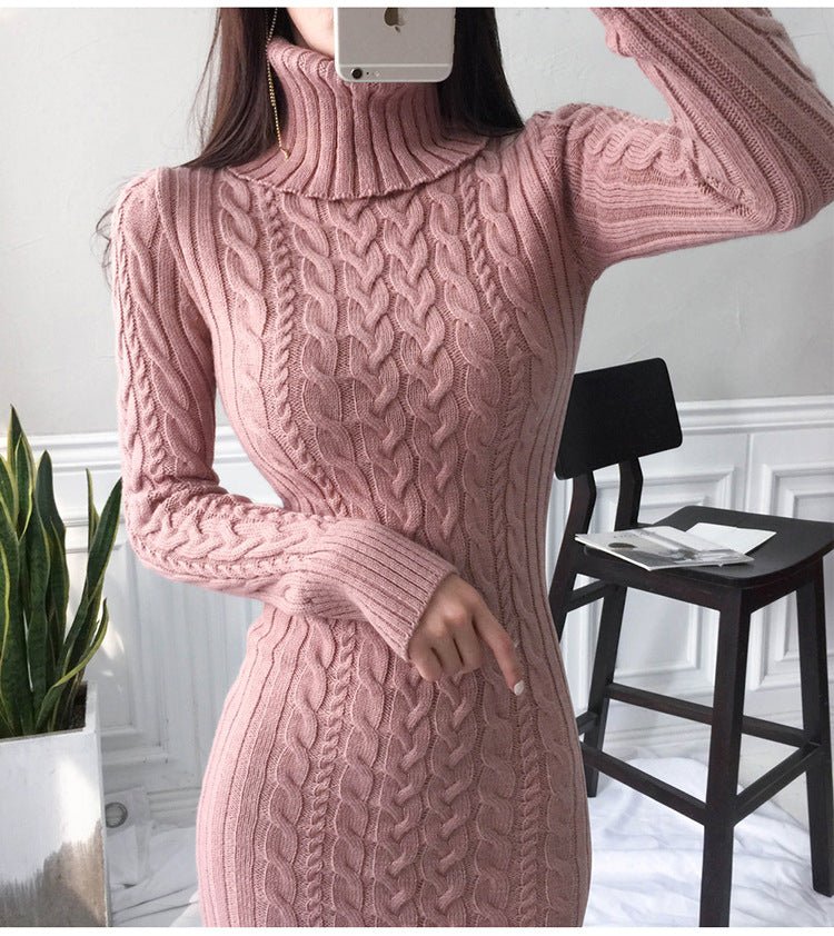Damen Kabelstrick Jumper Kleid - Rollkragen & Figurbetontes Midi