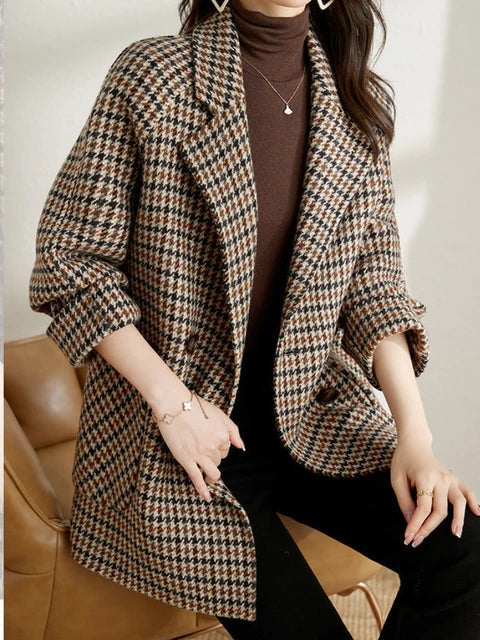 Damen Brauner Karierter Blazer - Taillierte Passform mit Reverskragen