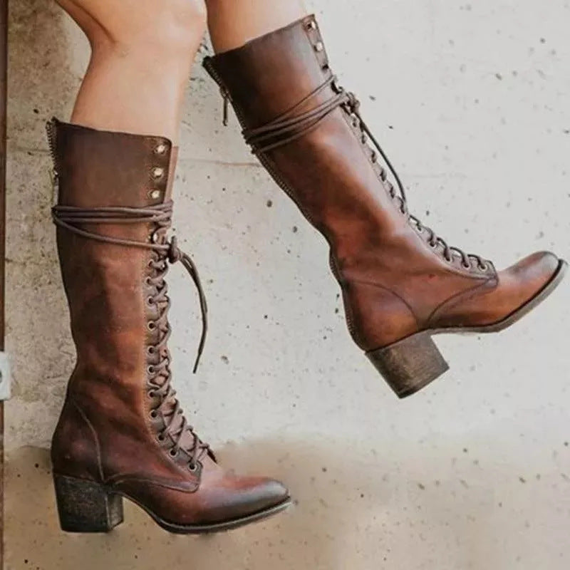 Damen Schnürstiefel - Kniehoch mit Reißverschluss hinten