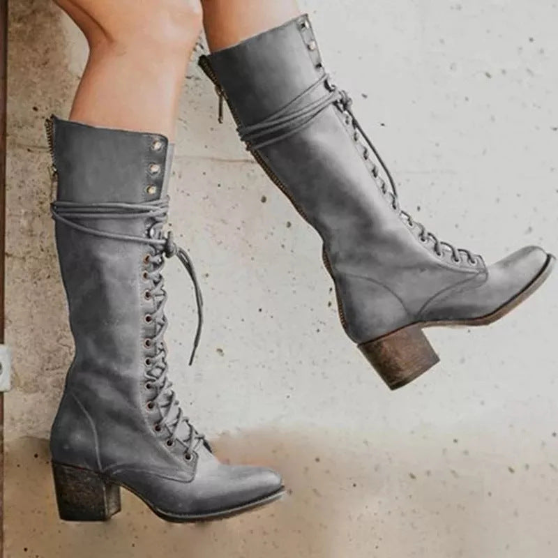 Damen Schnürstiefel - Kniehoch mit Reißverschluss hinten