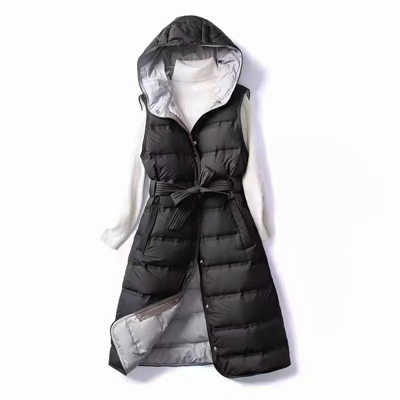 Damen Lange Puffer Gilet - Gürtel & Kapuze