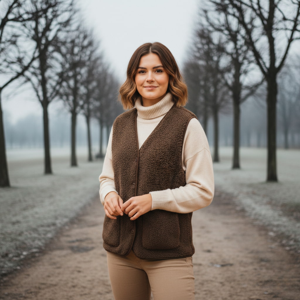 Damen Teddy-Gilet - Weiche Strukturierte Weste mit Knopfleiste