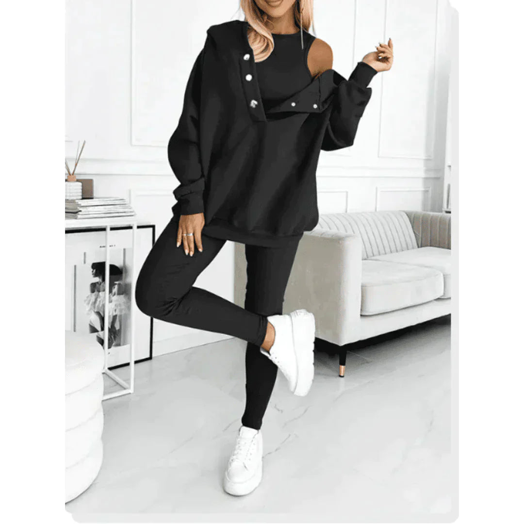Damen Hausanzug Set - Kapuzenpullover mit Knopfleiste und Hose