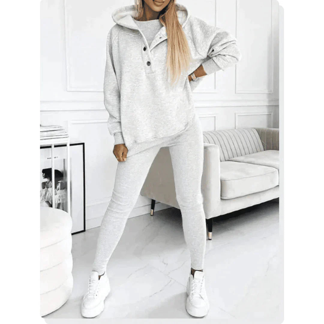Damen Hausanzug Set - Kapuzenpullover mit Knopfleiste und Hose