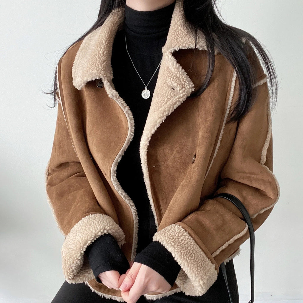 Damen Braune Wildleder-Winterjacke - Gefütterter Aviator-Stil