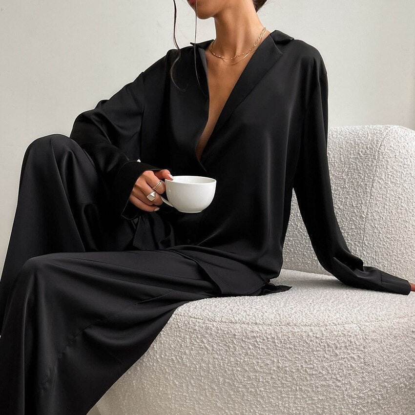 Damen 2-teiliges Pyjama-Set - Knopfleiste & Weite Hose