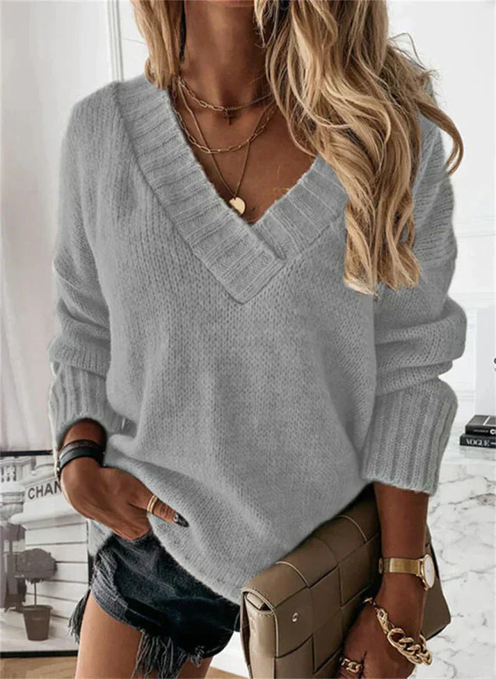 Damen V-Ausschnitt Strickpullover - Gemütlich & Bequem