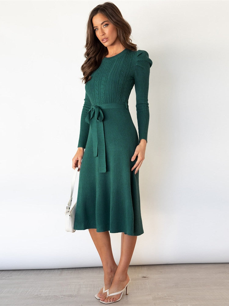 Damen Langarm Gestricktes Jumper-Kleid - A-Linie & Mit Gürtel