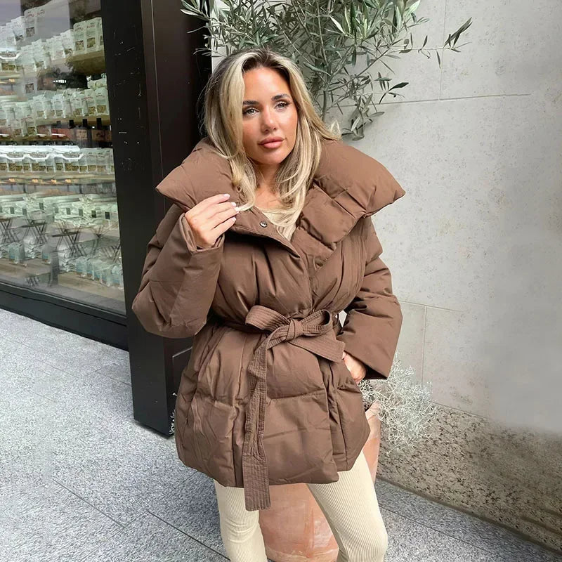 Damen Kurz Pufferjacke - Stehkragen Bindegürtel