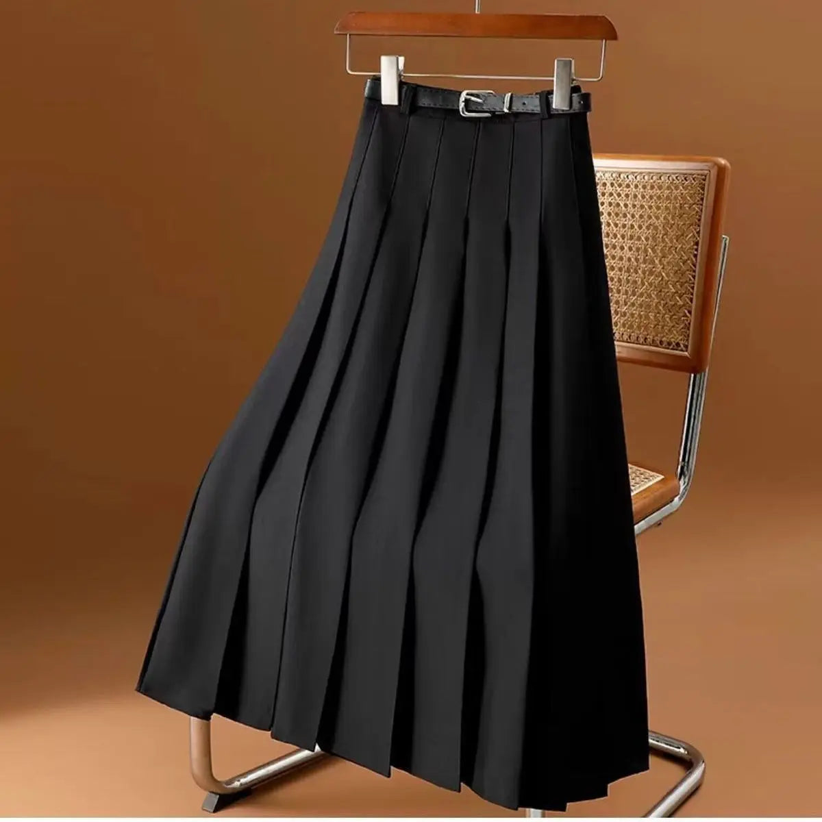 Damen Faltenrock Midi - Hochtaillierte A-Linie mit Gürtel