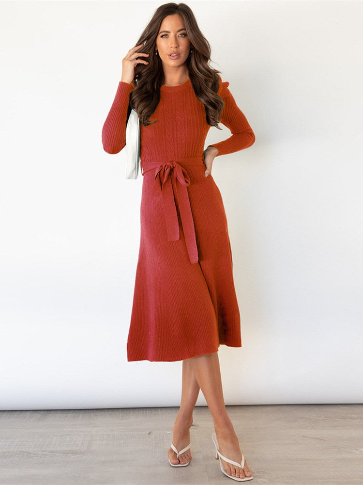 Damen Langarm Gestricktes Jumper-Kleid - A-Linie & Mit Gürtel
