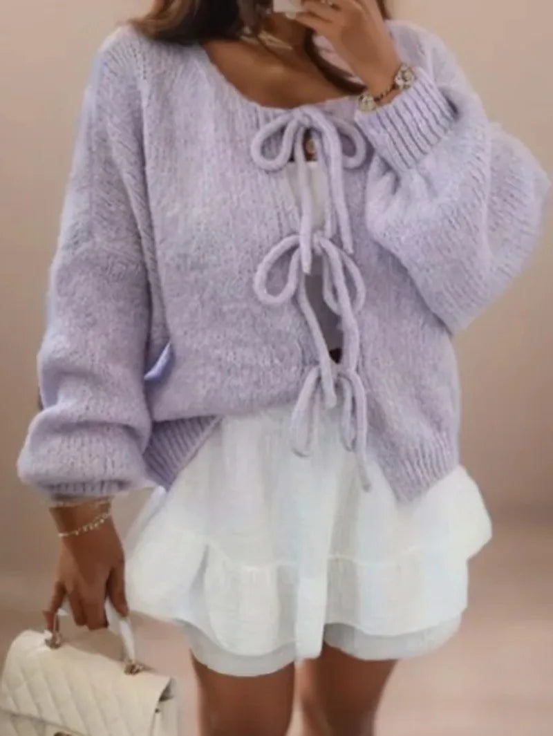 Damen Strick-Cardigan - Ballonärmel mit Schleifenverschluss