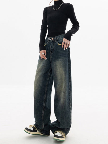 Damen Blaugraue Weite Jeans - Hohe Taille & Lockere Passform