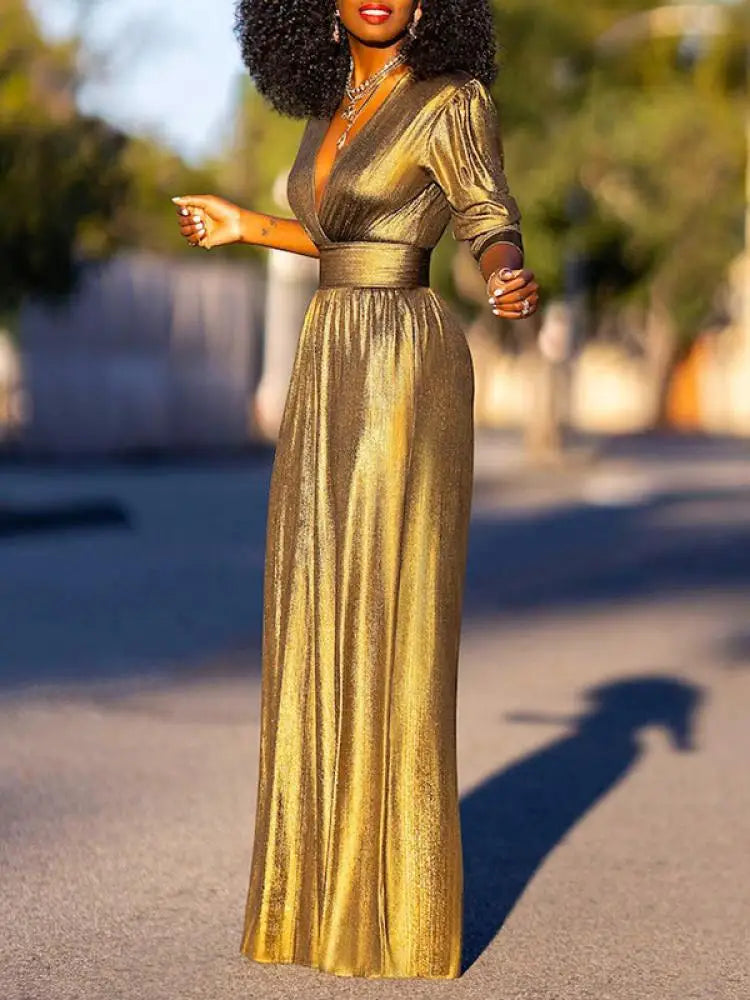 Damen Weites Bein Jumpsuit - Tiefer V-Ausschnitt und Langer Ärmel
