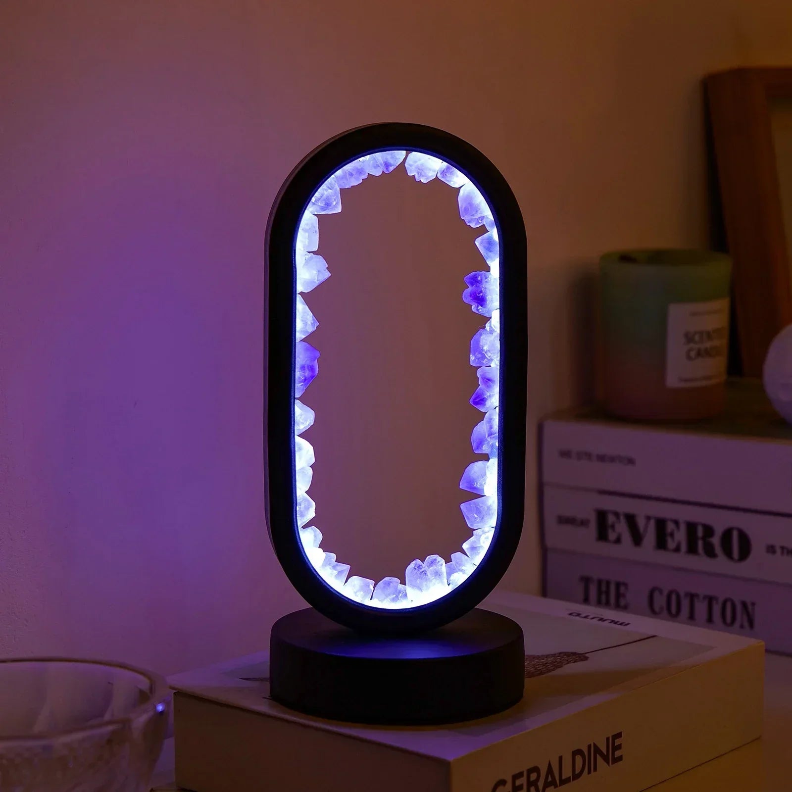 Oval LED Tischlampe mit Natürlichen Kristallen - Beruhigendes Ambiente Nachtlicht